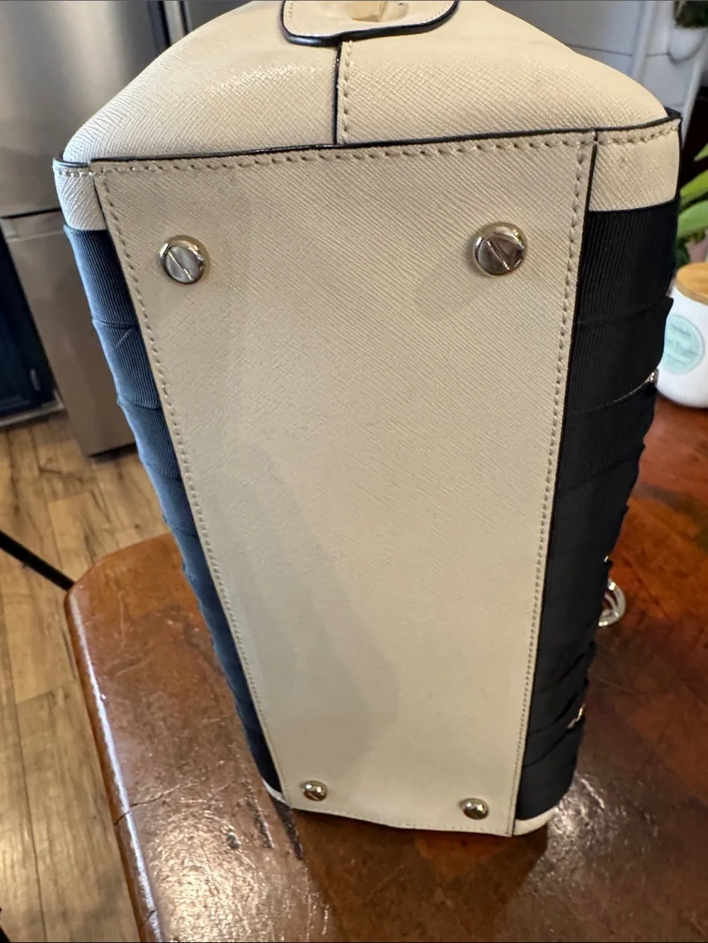 henri bendel White and Black Leather Satchel with Lace-Up Trim